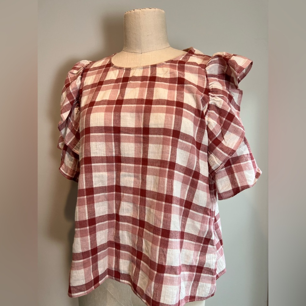 THE GREAT. Whisper Check Cotton Linen brick plaid ruffle sleeve top sz 1 - Picture 4 of 7